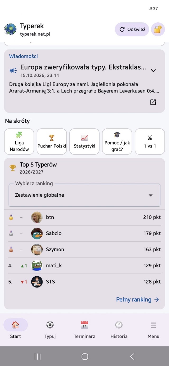 Ekran Start aplikacji z wiadomościami i rankingiem