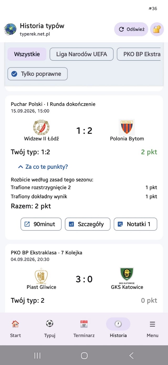 Historia typów z wyjaśnieniem zdobytych punktów