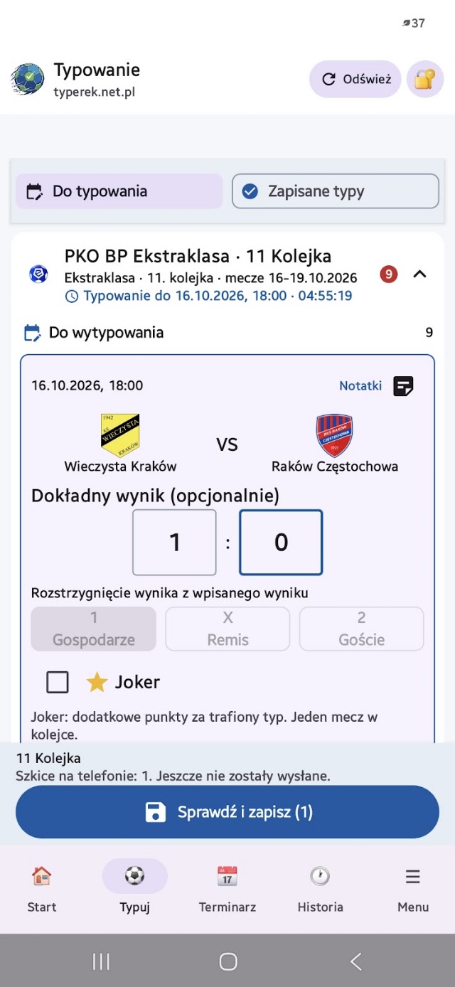 Typowanie wyniku meczu i wybór Jokera w aplikacji